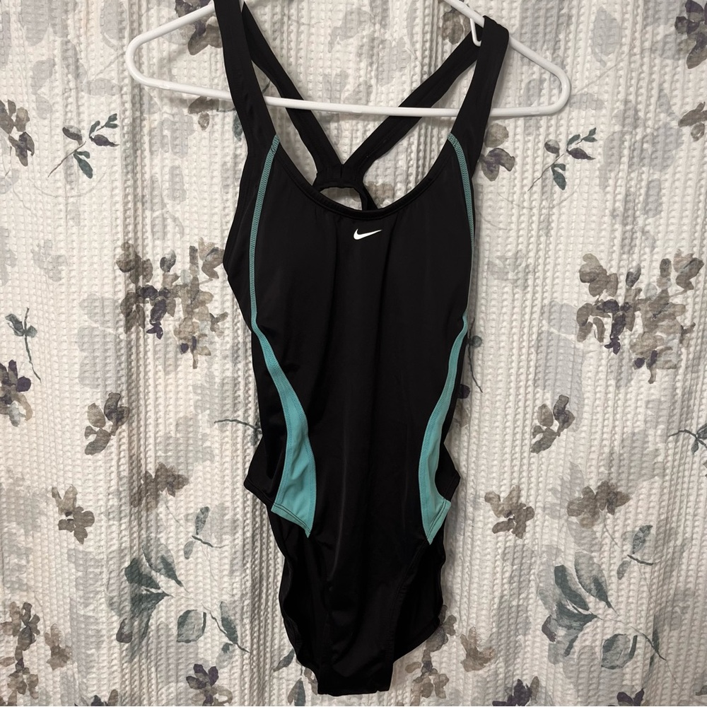 Nike Women's Black and Teal One-Piece Swimsuit